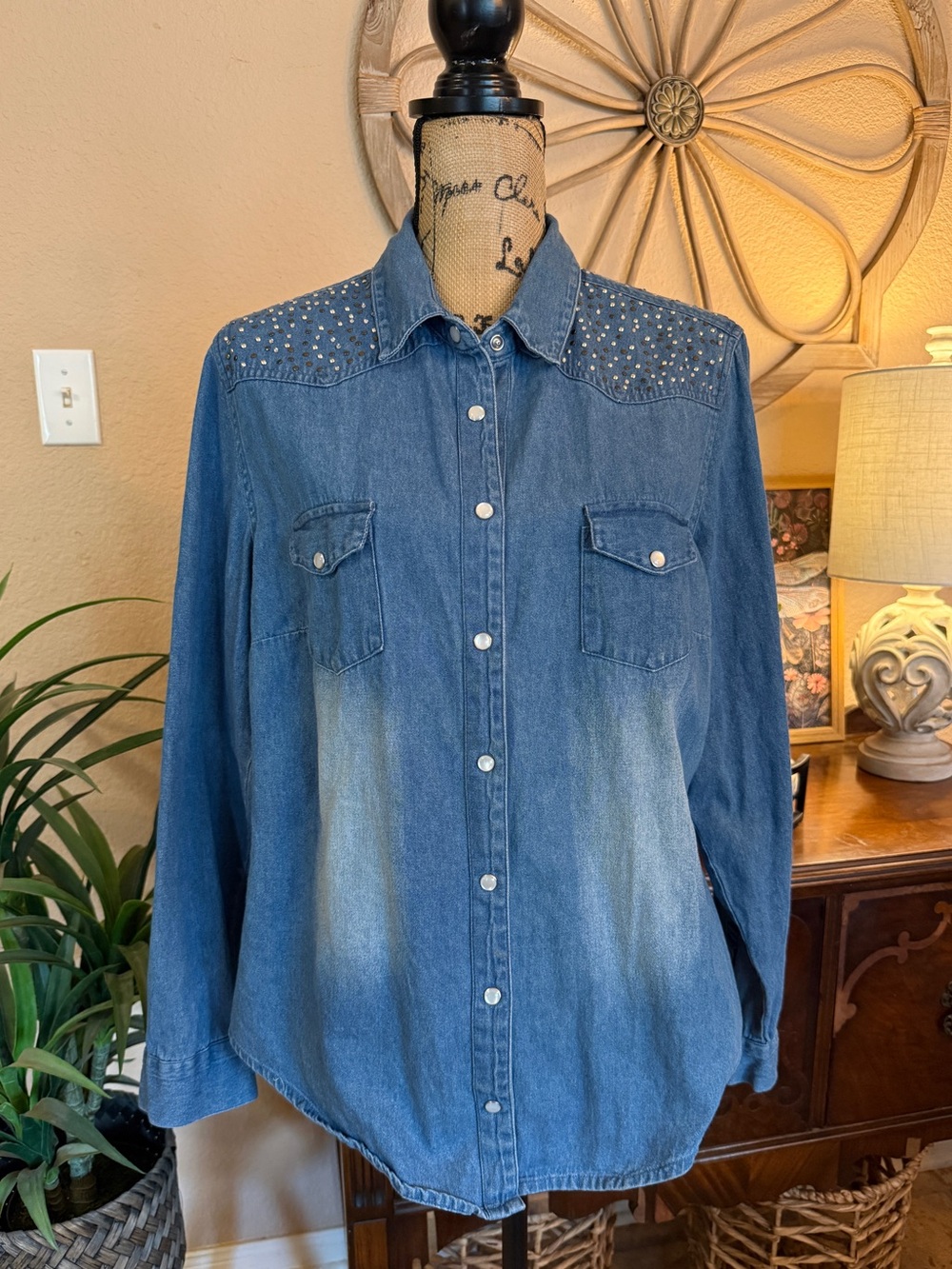 Red Ranch Studded Blue Denim Button Down Shirt Women's Jeans Top